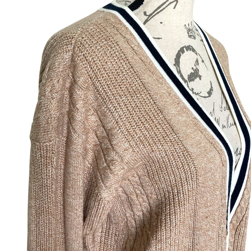 Talbots Cable Knit long Cardigan Sweater Size M Button down Cotton Preppy Tipped - Picture 8 of 17